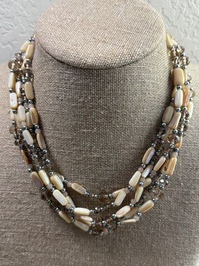 Fashion Jewelry Multi-Strand Beige and Silver Bead Necklace